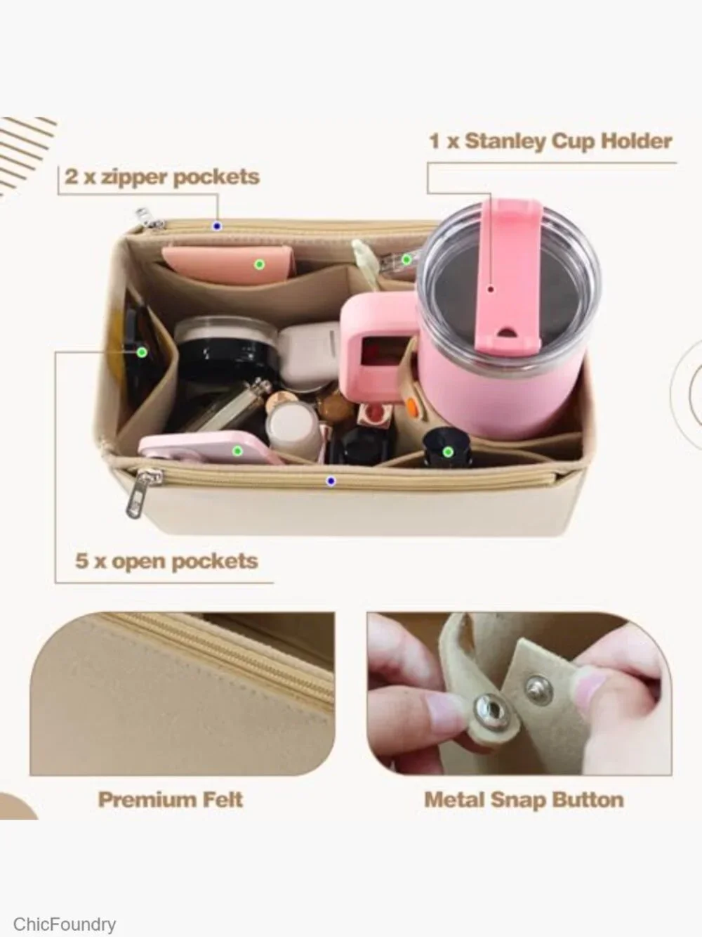Large Felt Handbag Organizer Insert with Water Bottle Holder for Tote